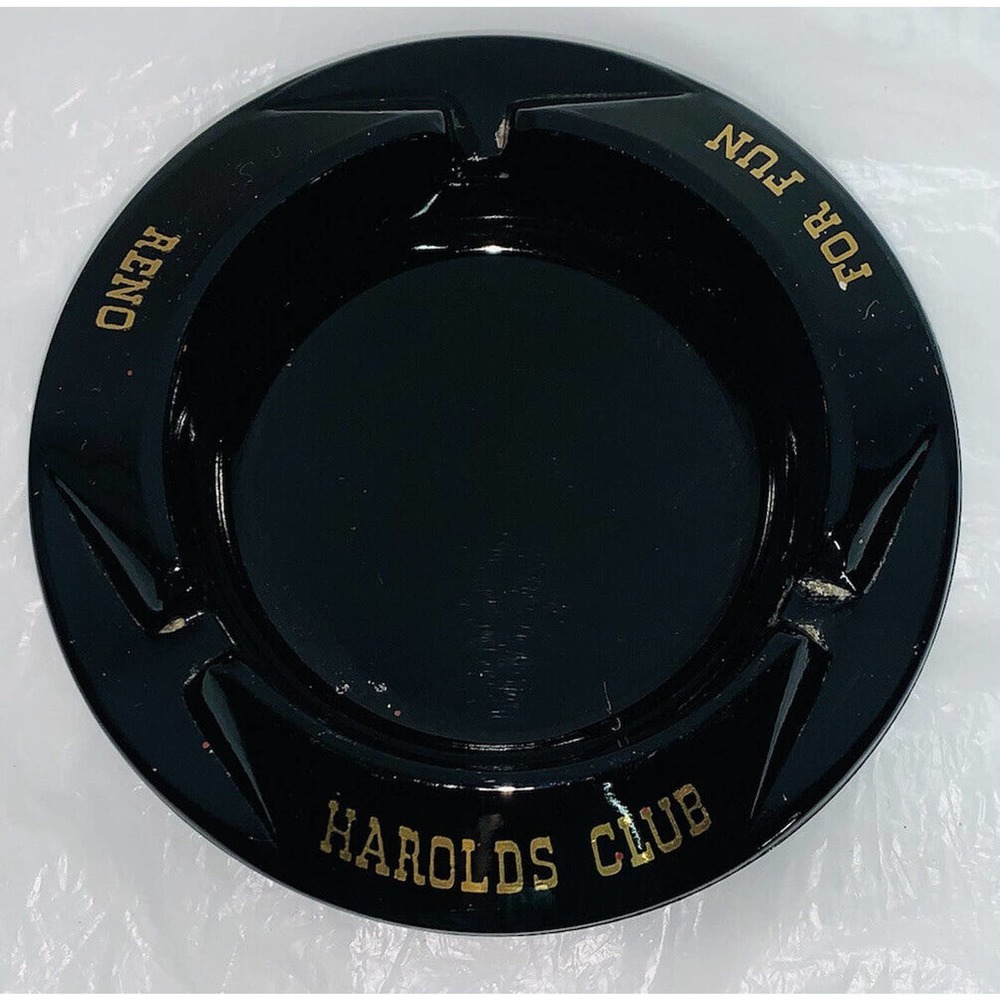 Vtg Harolds Club Reno for Fun Glass amethyst 4.25" Ashtray Looks Black EUC